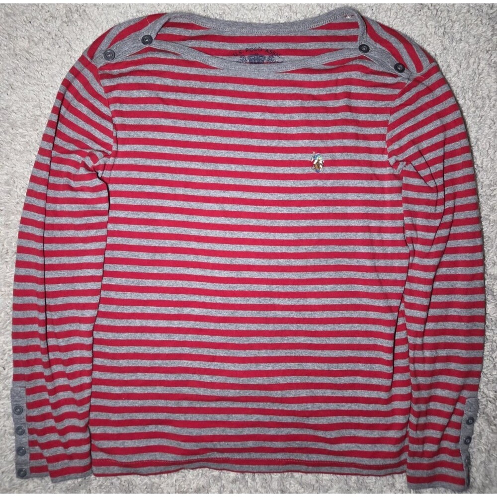 U.S. Polo Assn Striped Long Sleeve Shirt Red Gray Women’s Medium Casual Logo Top
